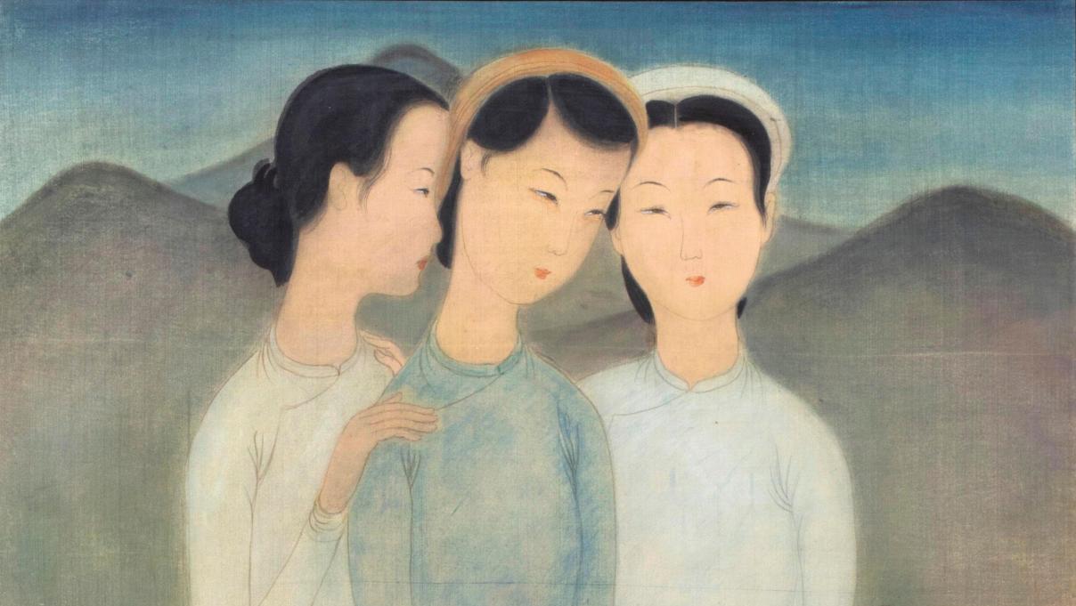 Mai Trung Thu, dit Mai-Thu (1906-1980), Trois sœurs, 1947, encre et couleurs sur... Mai-Thu, valeureuse peinture sur soie 