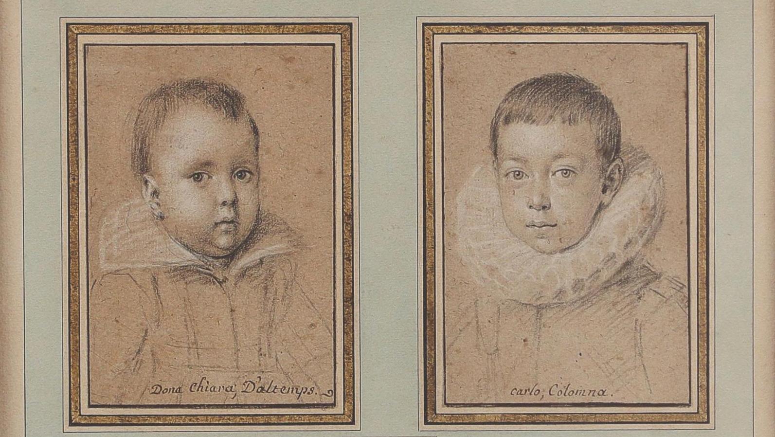 Ottavio Leoni (1578-1630), deux portraits d’enfants sur un même montage, Carlo Colonna... Enfants de la Renaissance façon Leoni 