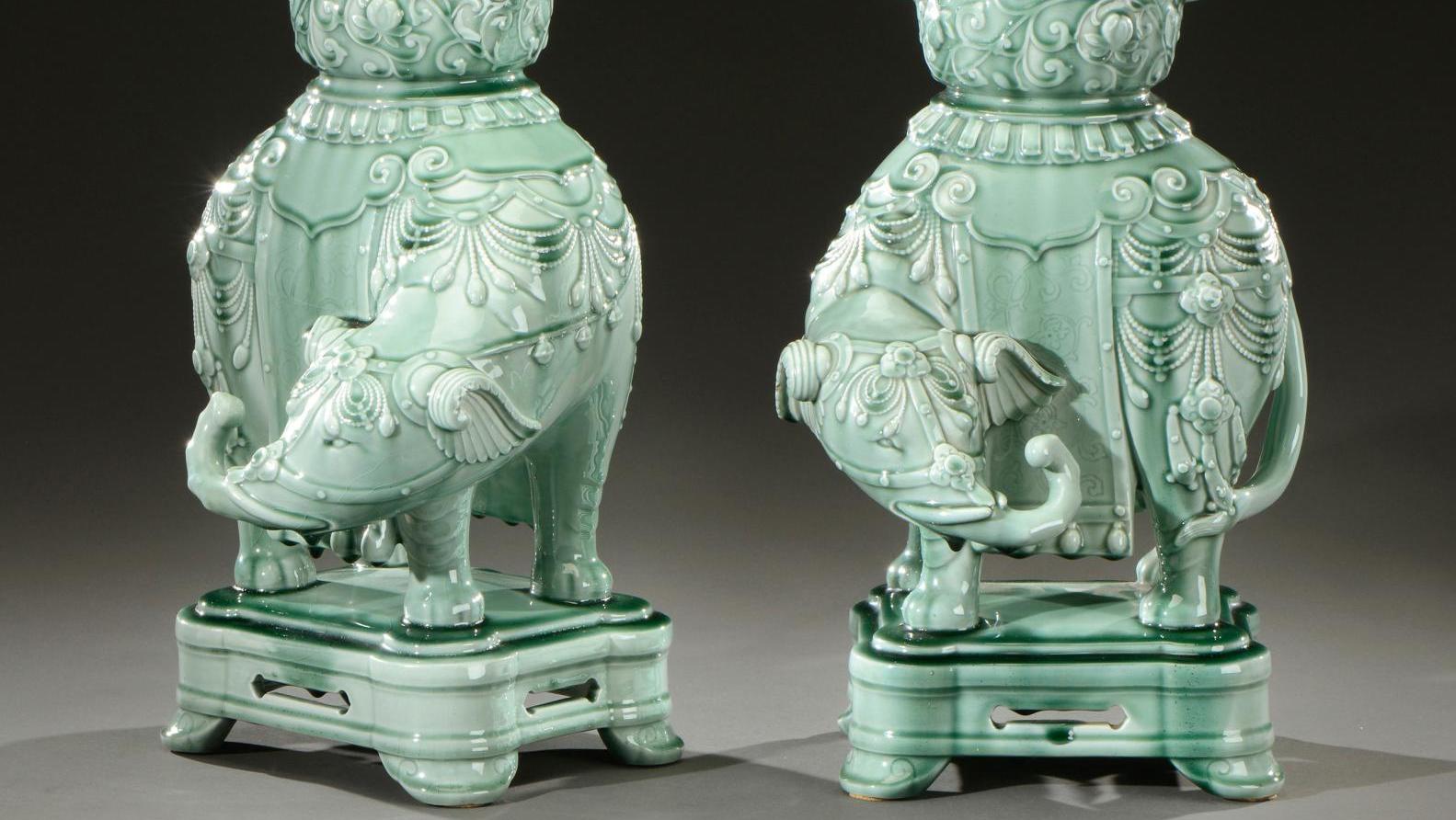 Pair of green celadon glazed ceramic vases on elephants, with a decoration of flower,... Théodore Deck: Blue at All Costs