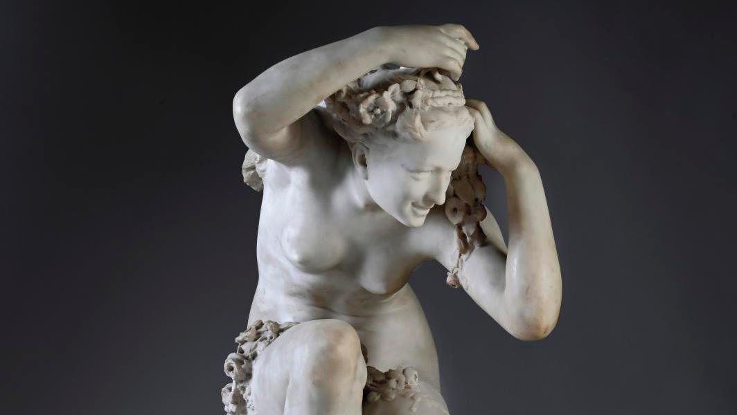 Jean-Baptiste Carpeaux (1827–1875), Crouching Flora, white marble signed on the base,... Carpeaux’s Flora Reaches the Summit
