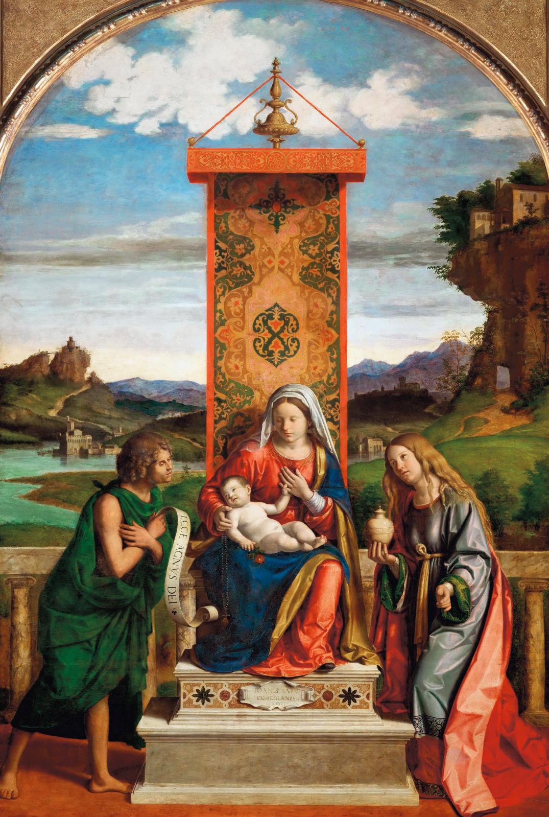 Cima da Conegliano (1459-1517), La Vierge et l’Enfant entre saint Jean et sainte Marie-Madeleine, vers 1513, huile sur bois, 167 x 110 cm 