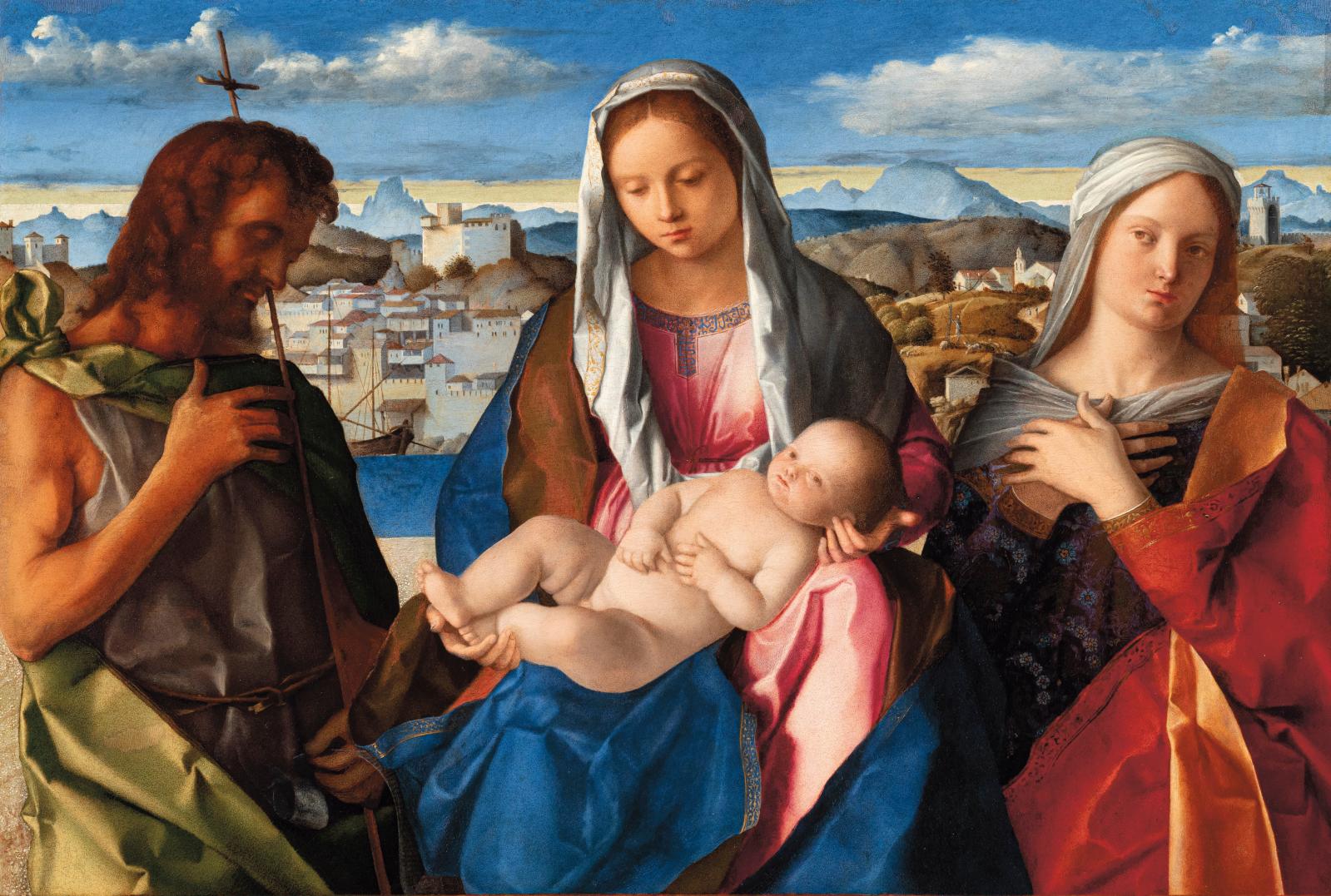Giovanni Bellini (vers 1435-1516), Vierge à l’Enfant entourée de saint Jean-Baptiste et d’une sainte dite sainte Conversation Giovannelli,