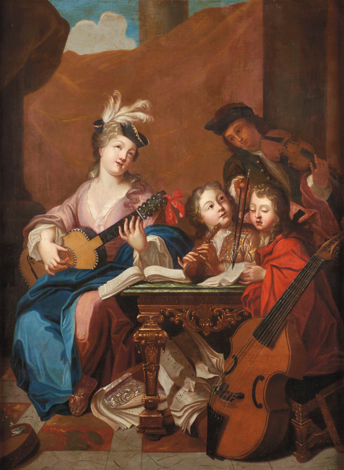 École française du XVIIIe siècle, suiveur de Jean-Baptiste Santerre (1651-1717), Le Concert, huile sur toile, 128 x 94 cm (détail). Estima