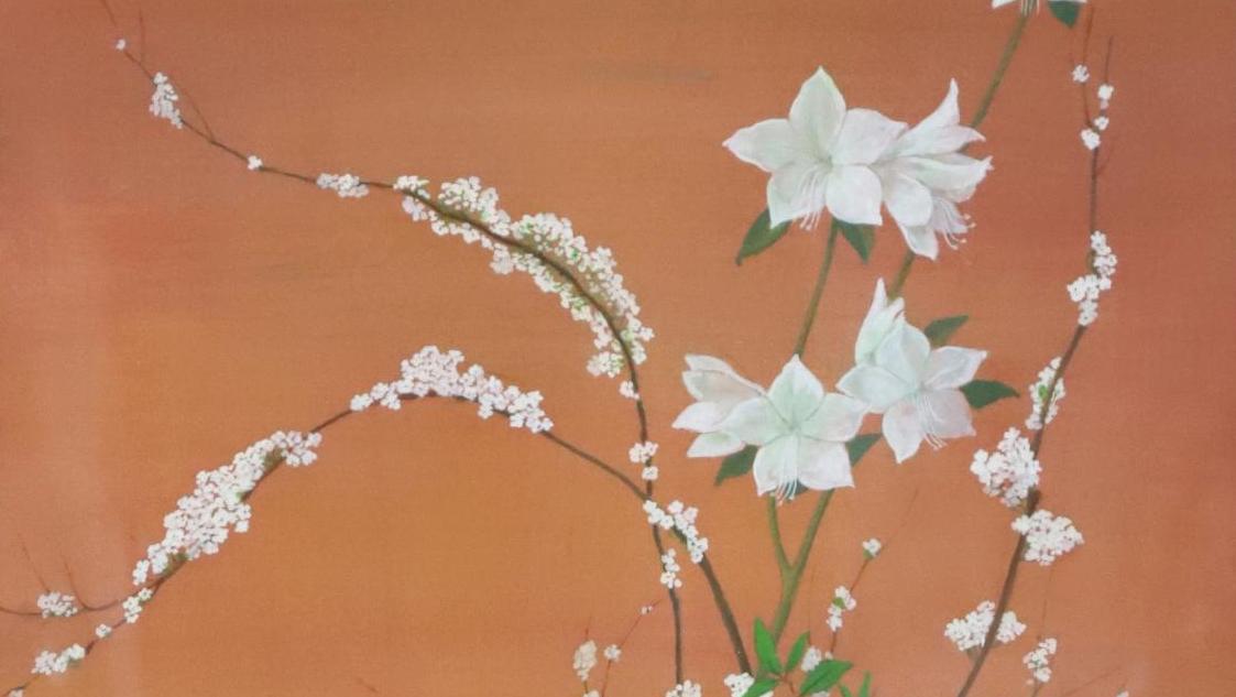 Mai Trung Thu, dit Mai-Thu (1906-1980), Bouquet de fleurs blanches au vase d’opaline... À Bayeux, bouquet blanc et jeunes filles en fleur