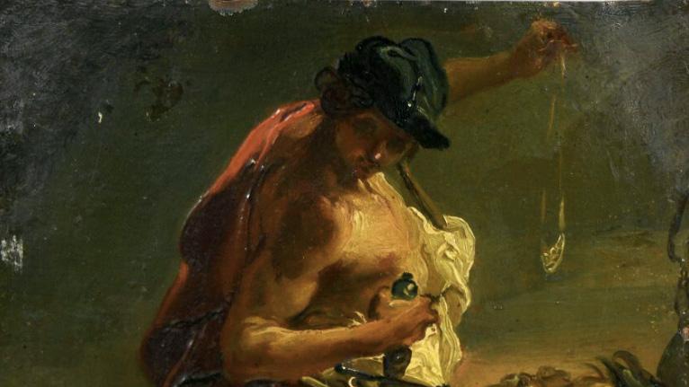 Gaetano Gandolfi (1734-1802), David et Goliath, huile sur cuivre, 17 x 13 cm. Adjugé :... Gaetano Gandolfi et un suiveur d’Hubert Robert