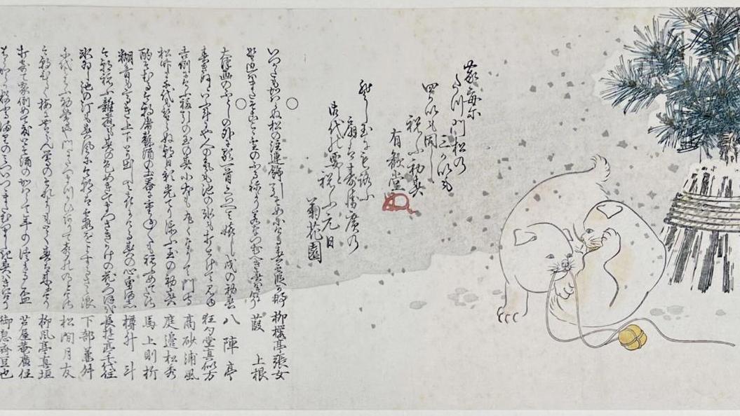 Utagawa Hiroshige (1797-1858), Deux chiots jouant dans la neige, près d’un petit... La collection Strycker se jouait des enchères