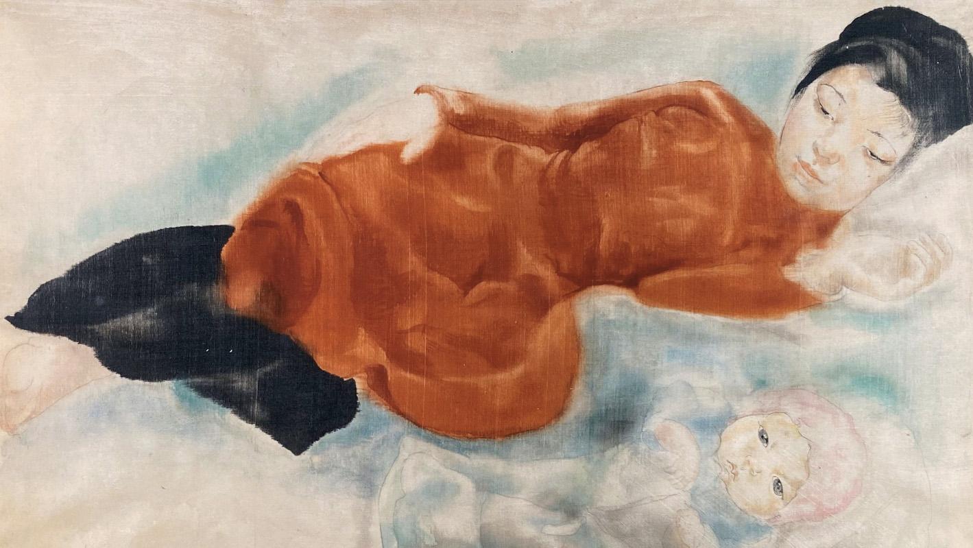 Alix Aymé (1894-1989), Maternité, couleurs sur soie, 38 x 56,5 cm. Adjugé : 16 1... Du Vietnam d'Aymé à l’Afrique de Dupagne