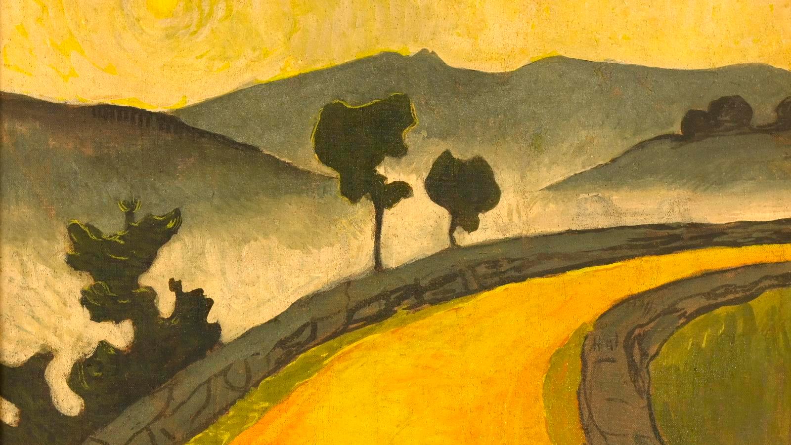 Paul Sérusier (1864-1927), Le Chemin jaune, Châteauneuf-du-Faou, monogrammed tempera,... On the Yellow Road of a Painting by Paul Sérusier, in Brittany