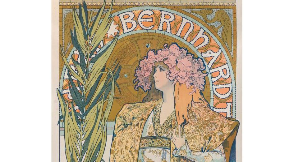 Alfons Mucha (1860-1939), Sarah Bernhardt, American Tour, 1896, chromolithographie,...  Sarah Bernhardt, indomptable sur scène comme aux enchères
