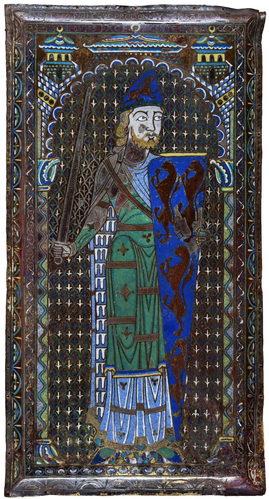 Effigie funéraire de Geoffroy Plantagenêt, après 1151, émail champlevé sur cuivre doré, vernis brun, 63,5 x 33,2 cm (détail), provenant de