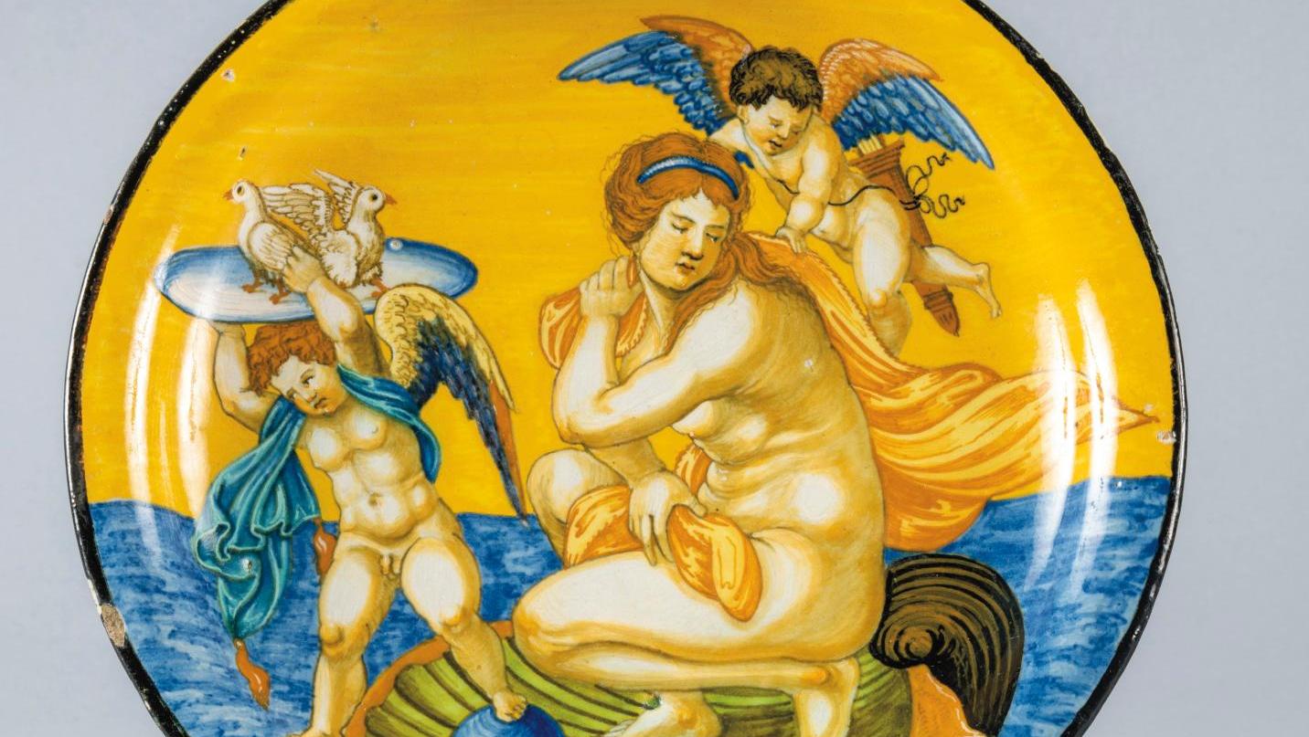 Urbino, 1537, Francesco Xanto Avelli (vers 1486-vers 1542), plat rond en majolique... Urbino sous le charme d’une Vénus naissante