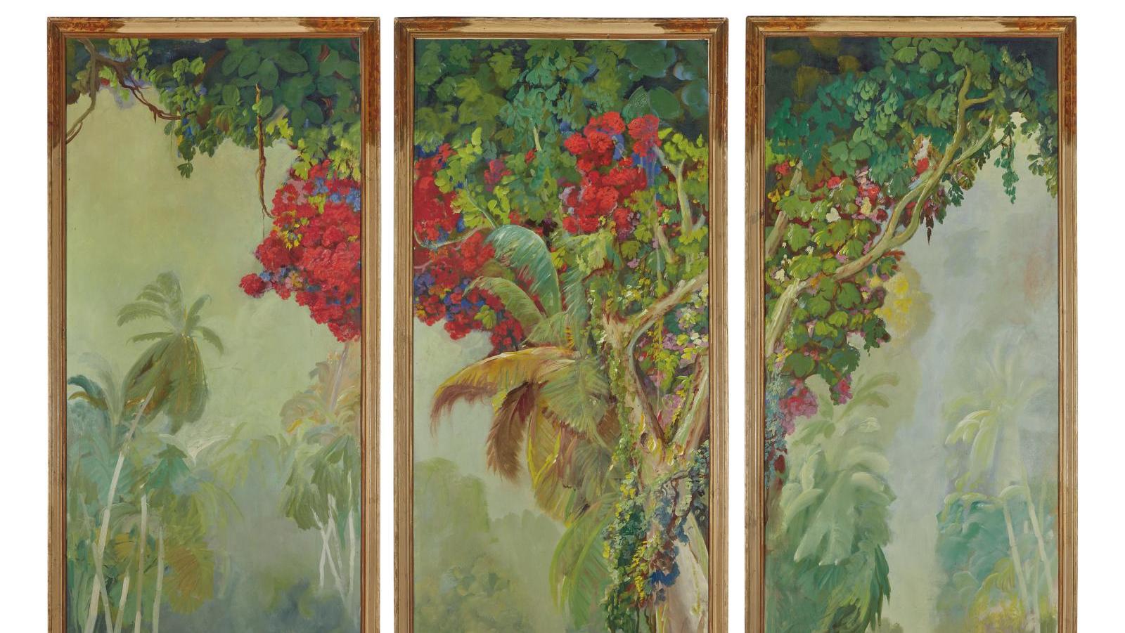 Jean-Louis Paguenaud (1876-1952), Paysage indochinois, huile sur panneau, triptyque,... Évasion féconde pour un paysage de Paguenaud