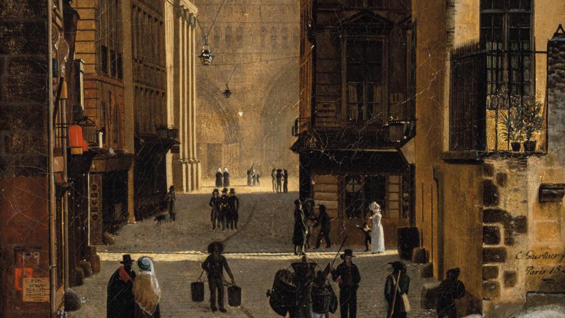 Eduard Gärtner (1801-1877), La Rue Neuve-Notre-Dame à Paris, huile sur toile, 44 x 34,5 cm.... Une belle perspective sur Notre-Dame de Paris