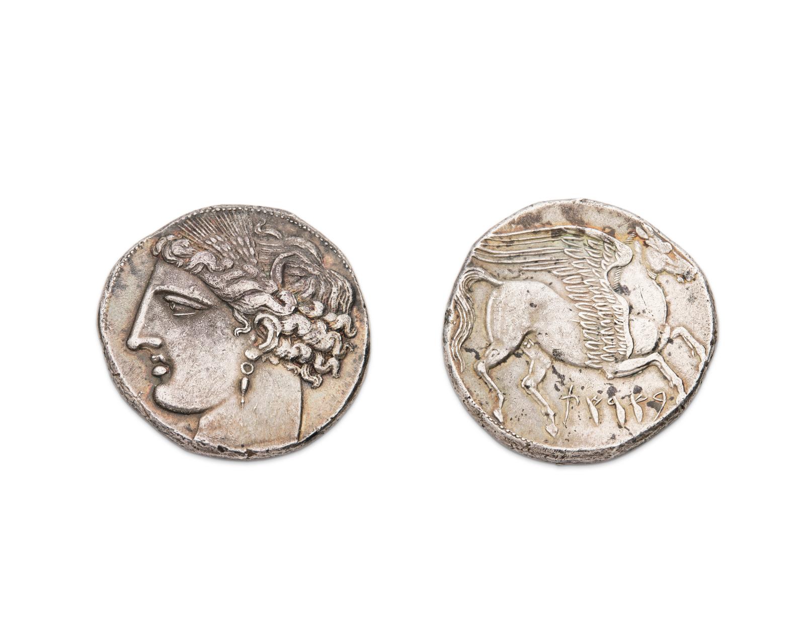 Perséphone couronnée sur une monnaie de Carthage