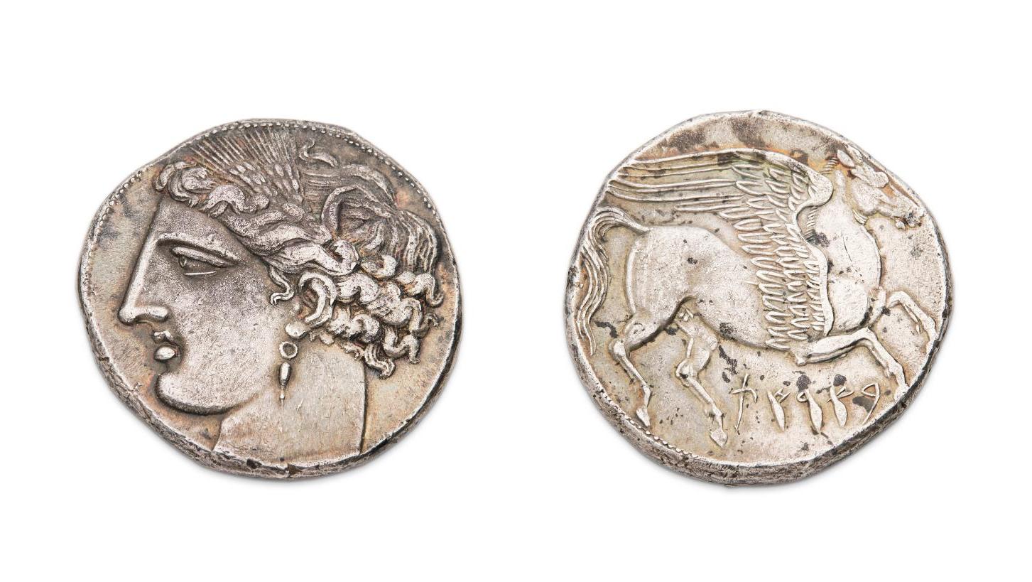 Carthage, vers 260 av. J.-C. Décadrachme siculo-punique en argent, poids 37,68 g.... Perséphone couronnée sur une monnaie de Carthage