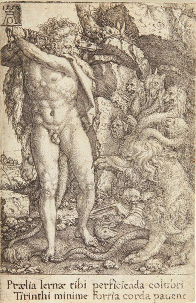 318 € Heinrich Aldegrever (1502-apr. 1555), Hercule et l’Hydre de Lerne, planche de la suite des Travaux d’Hercule, 1550, burin, 10,4 x 6,