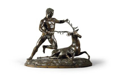 2 552 € D’après l’antique, Hercule capturant la biche de Cérynie, cuivre patiné, 65 x 74 cm. Hôtel Drouot, 30 mai 2018. Coutau-Bégarie OVV