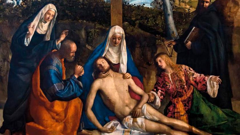 Giovanni Bellini (c. 1435–1516), Lamentation Over the Dead Christ with the Virgin,... Bellini: The Invention of the Landscape