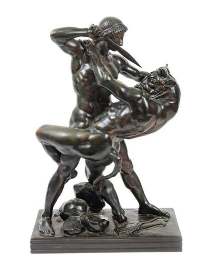 37 200 € Antoine-Louis Barye (1796-1875), Thésée et le Minotaure, épreuve en bronze à patine foncée nuancée verte, signée et inscrite « F.
