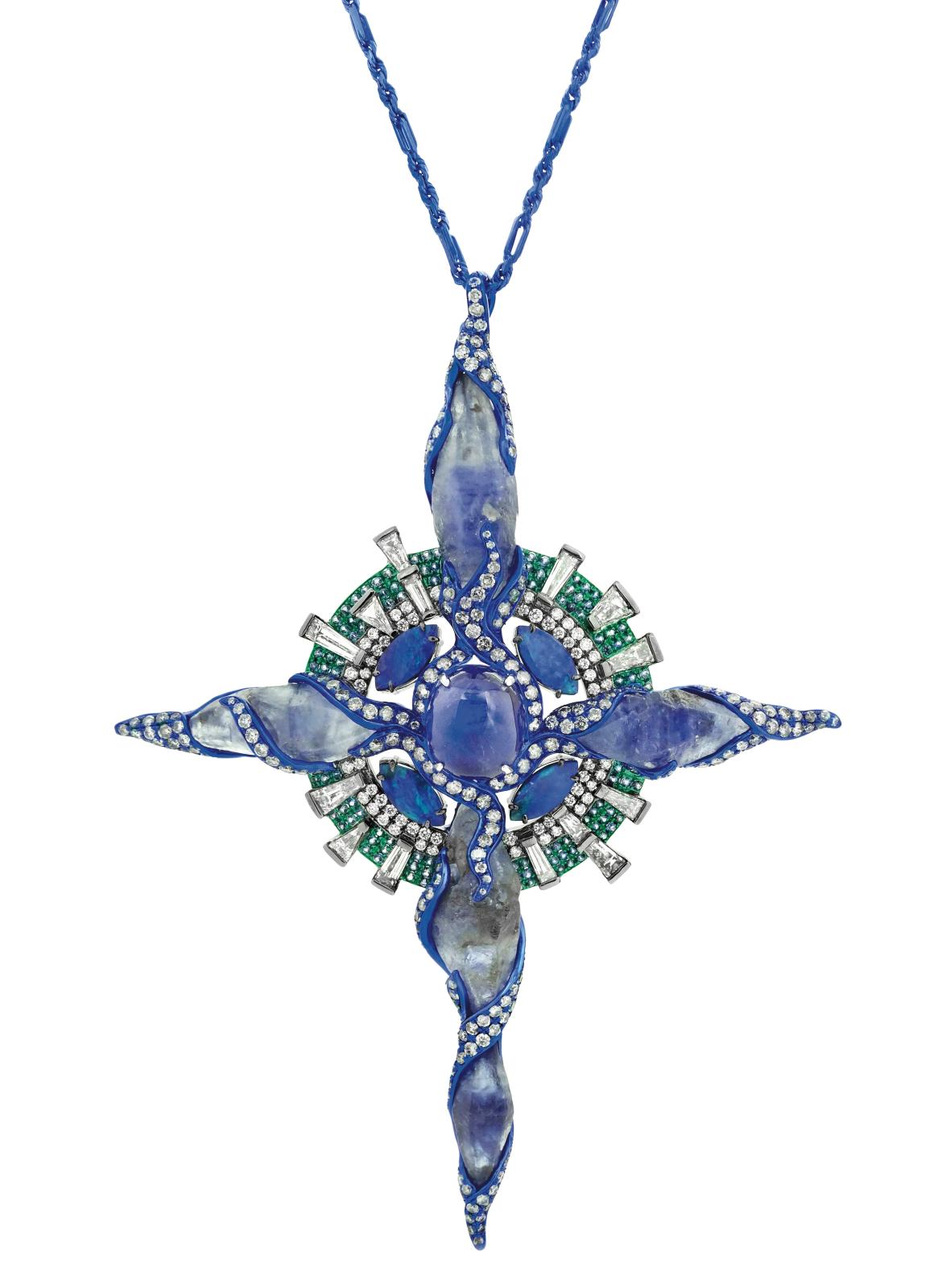 Austy Lee Art Jewellery, The Blue Divine Pendant, collection «Psychedelic Light», collier en or blanc, saphirs birmans non chauffés dont u