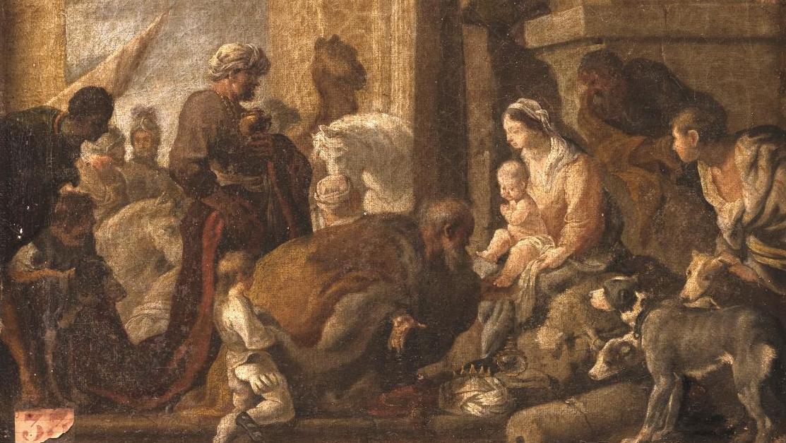 Sébastien Bourdon (1616-1671), Adoration des Mages, huile sur toile d’origine, 46 x 34,5 cm.... L’Adoration des Mages selon Sébastien Bourdon