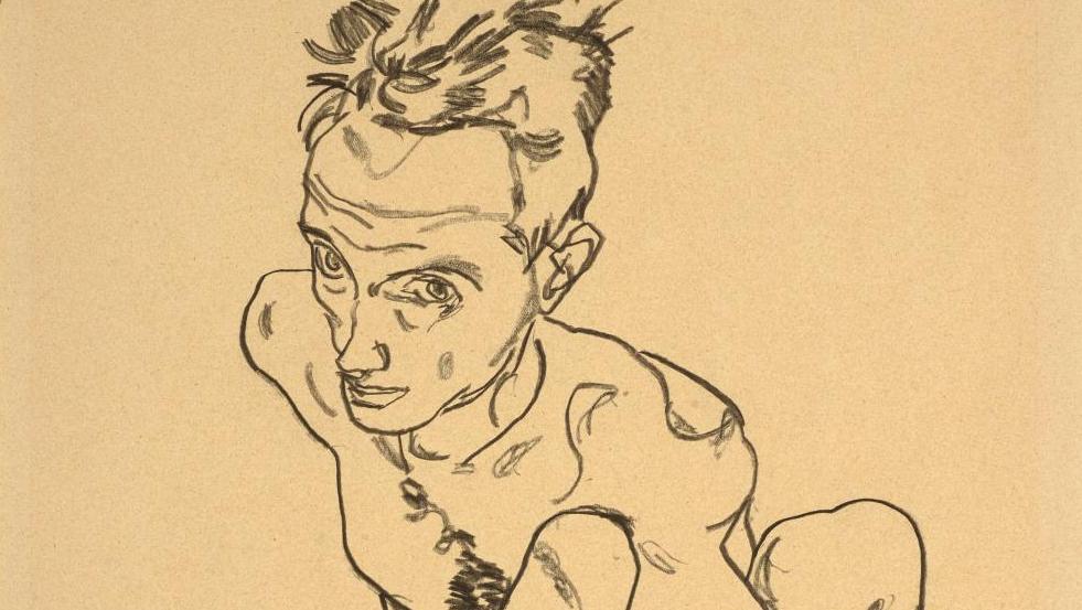 Egon Schiele, Nu masculin assis (autoportrait), 1917, crayon noir sur papier, 46 x 29,5 cm,... Tefaf New York sur Park Avenue 