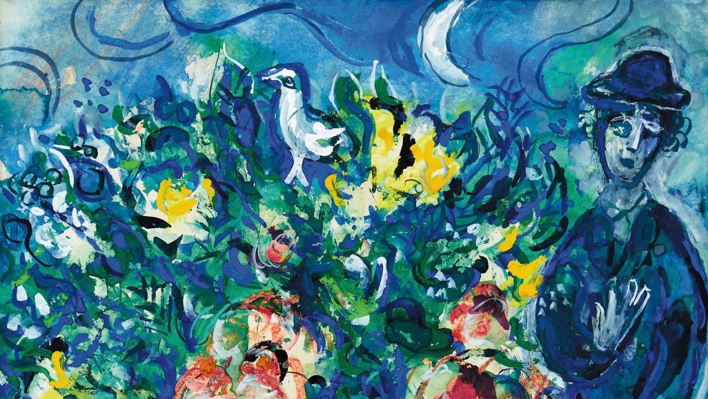 Marc Chagall (1887-1985), Le Bonheur du jeune couple aux fleurs, 1967, gouache, encre... Duo de paix