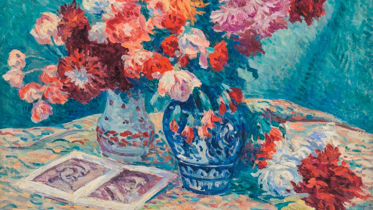 Maximilien Luce (1858-1941), Vase de fleurs, 1906, huile sur toile signée et datée,... Une composition florale de Maximilien Luce