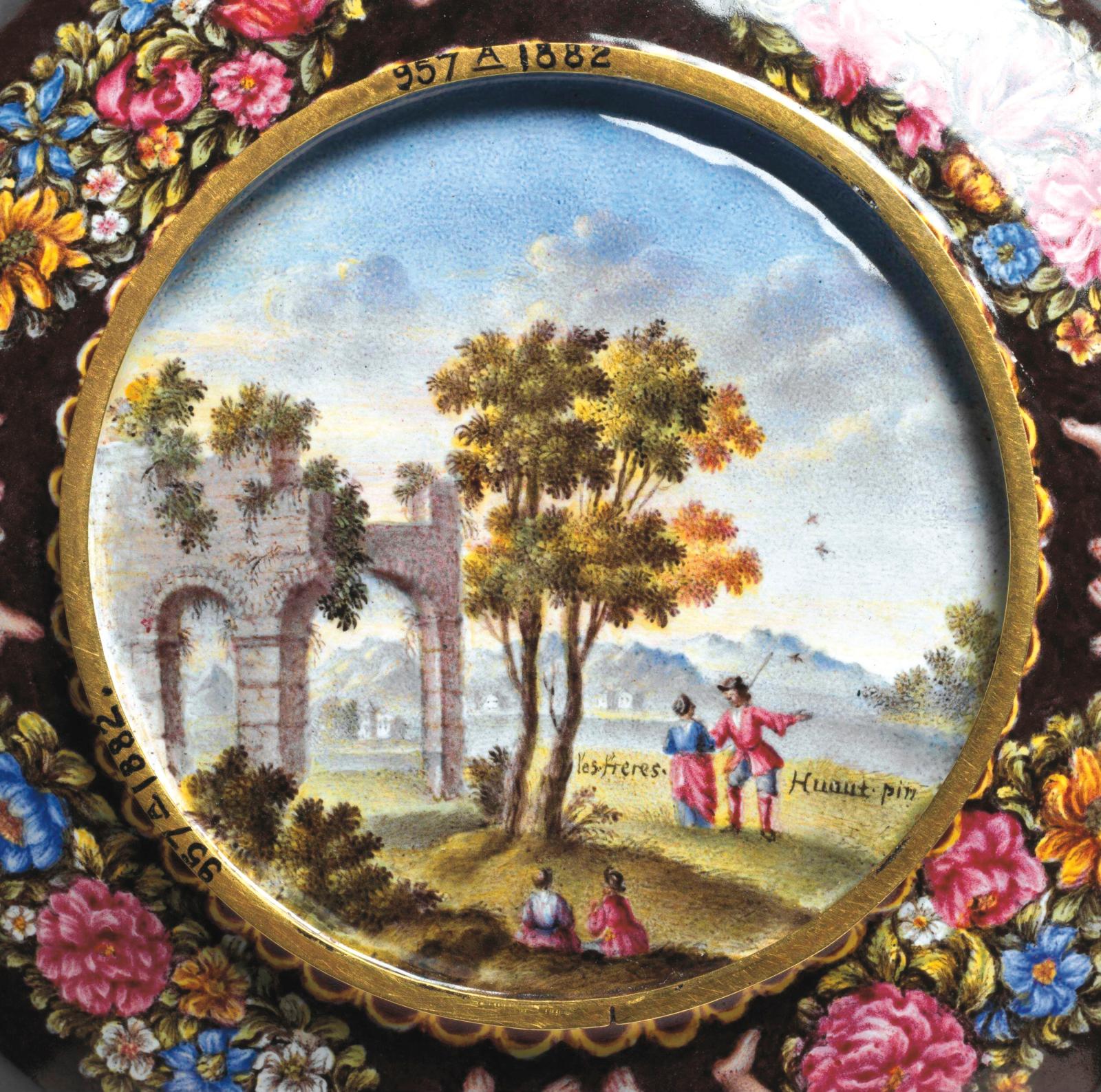 Jean-Pierre (1655-1723) et Ami Huaut (1657-1724), tasse et soucoupe avec paysages et scènes mythologiques, vers 1700-1720, détail, Londres