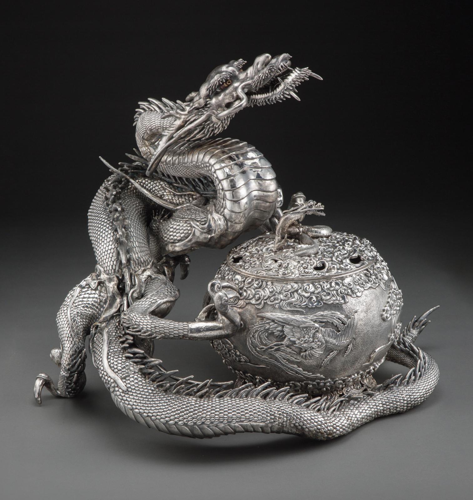 Gourmette Ancienne En Argent 925 Art Déco - Motif Pivoines Et Dragon Japonais - Longueur 18 Cm