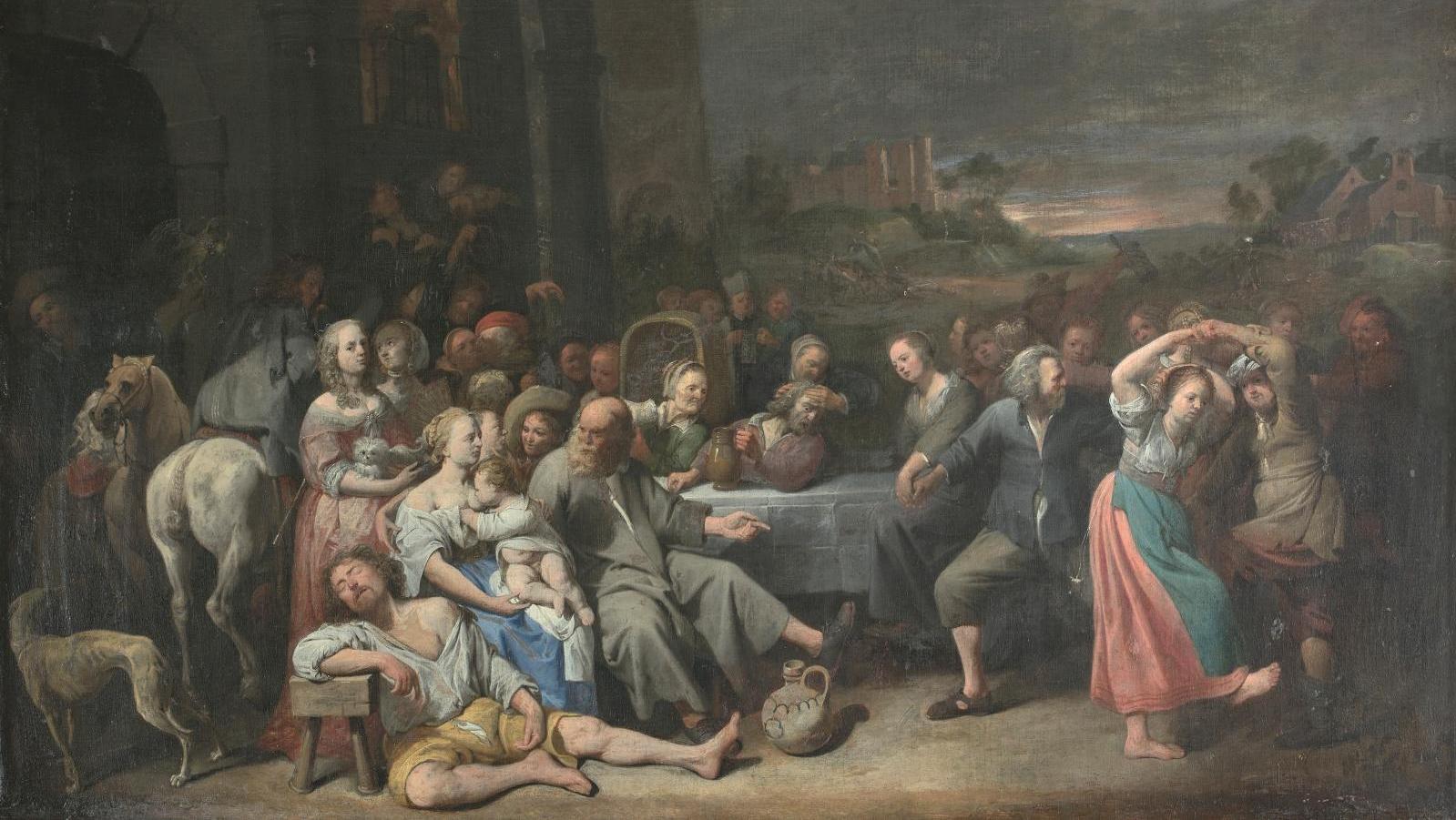 David Ryckaert III (1612-1661), Assemblée de paysans et élégants autour d’une table,... La joie de vivre flamande, version grand format