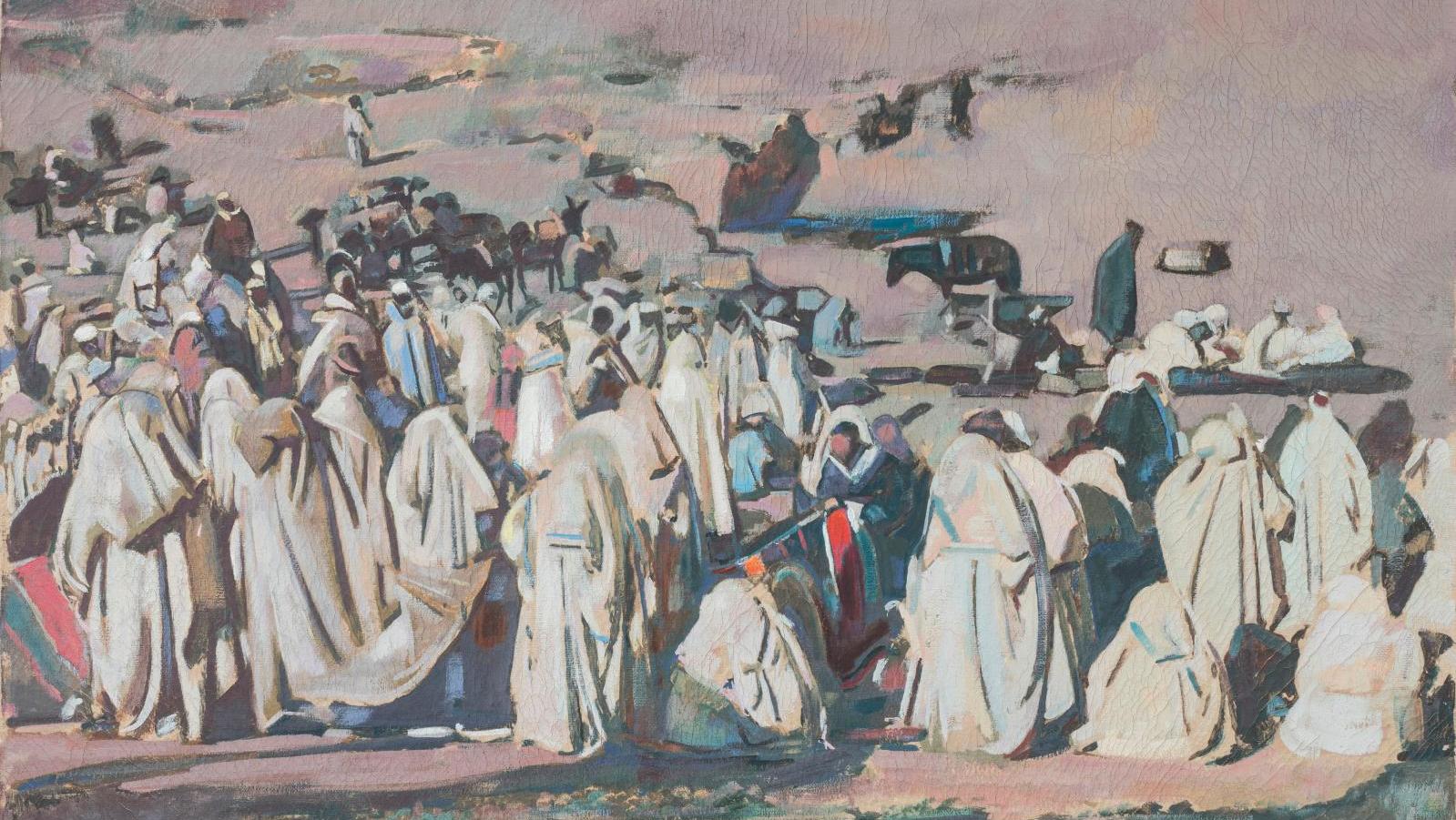 Jacques Majorelle (1886-1962), Bédouins à l’entrée de Marrakech, toile, 73 x 59,5 cm.... Jacques Majorelle au marché el Khemis 