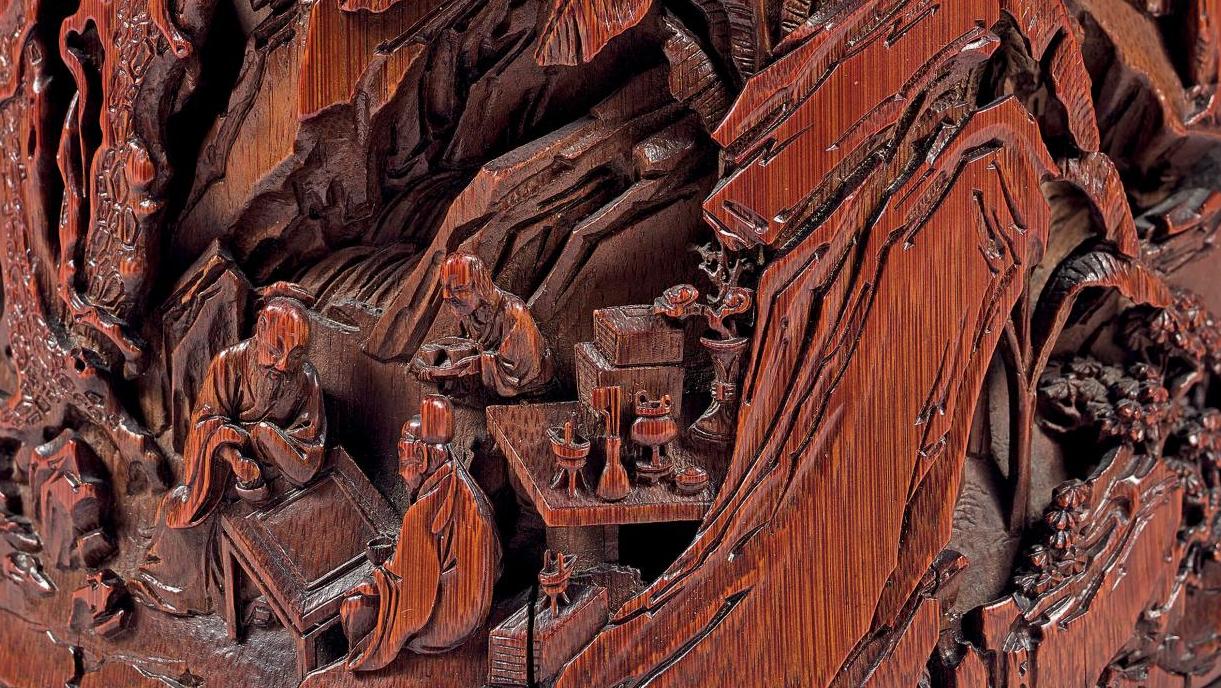 1 574 950 € Chine, époque Kangxi (1662-1722). Porte-pinceaux bitong en bambou sculpté... Cote : la fortune du pot à pinceaux