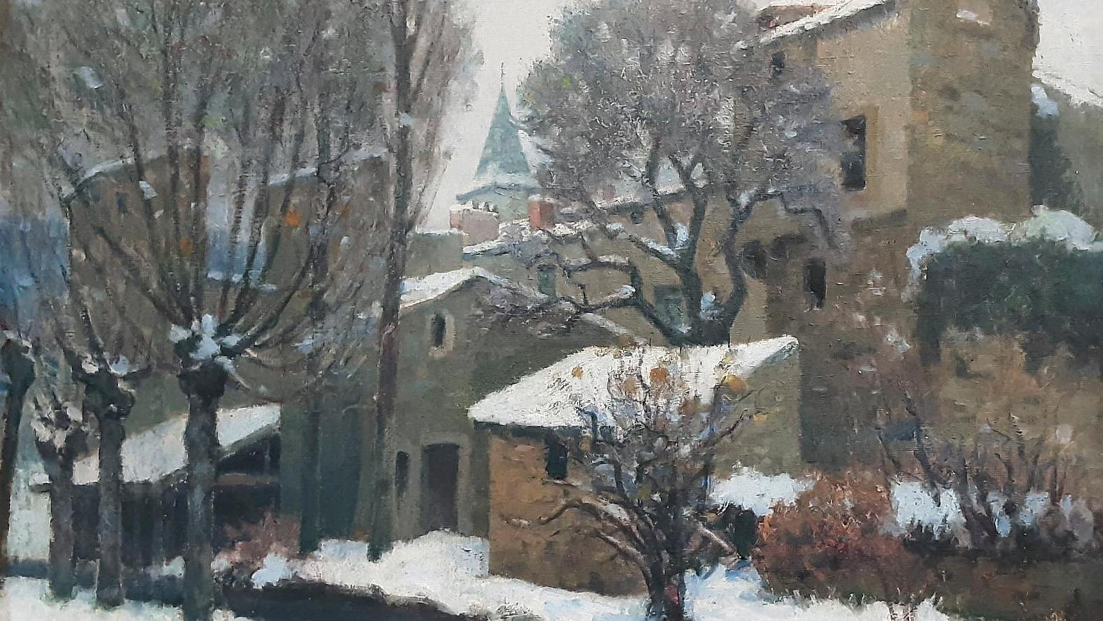Jean de Chasteauneuf (1878-1962), Paysage d’hiver, huile sur toile, 83 x 100 cm.... Chasteauneuf et Charreton peignent l’Auvergne