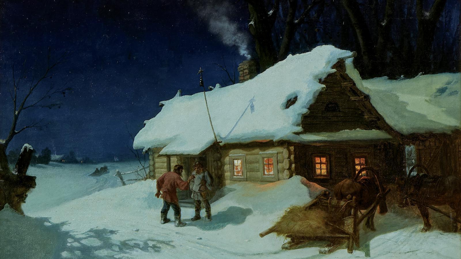 Leonid Ivanovich Solomatkin (1837-1883), Scène nocturne près de la taverne, 1872,... Une oasis dans la neige de Russie