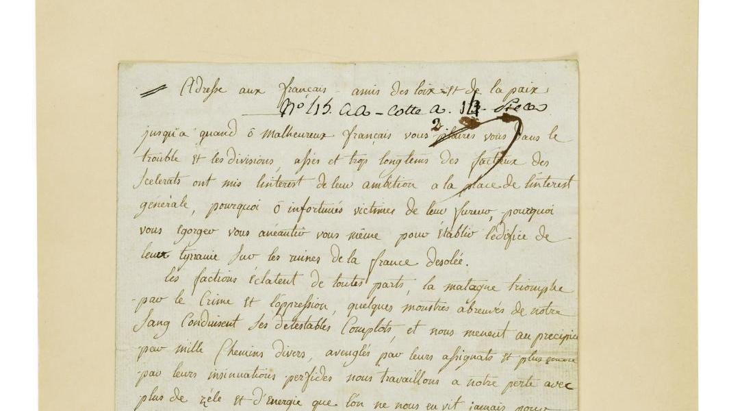 Charlotte Corday (1768-1793), manuscrit autographe intitulé «Adresse aux Français... Le testament politique de Charlotte Corday