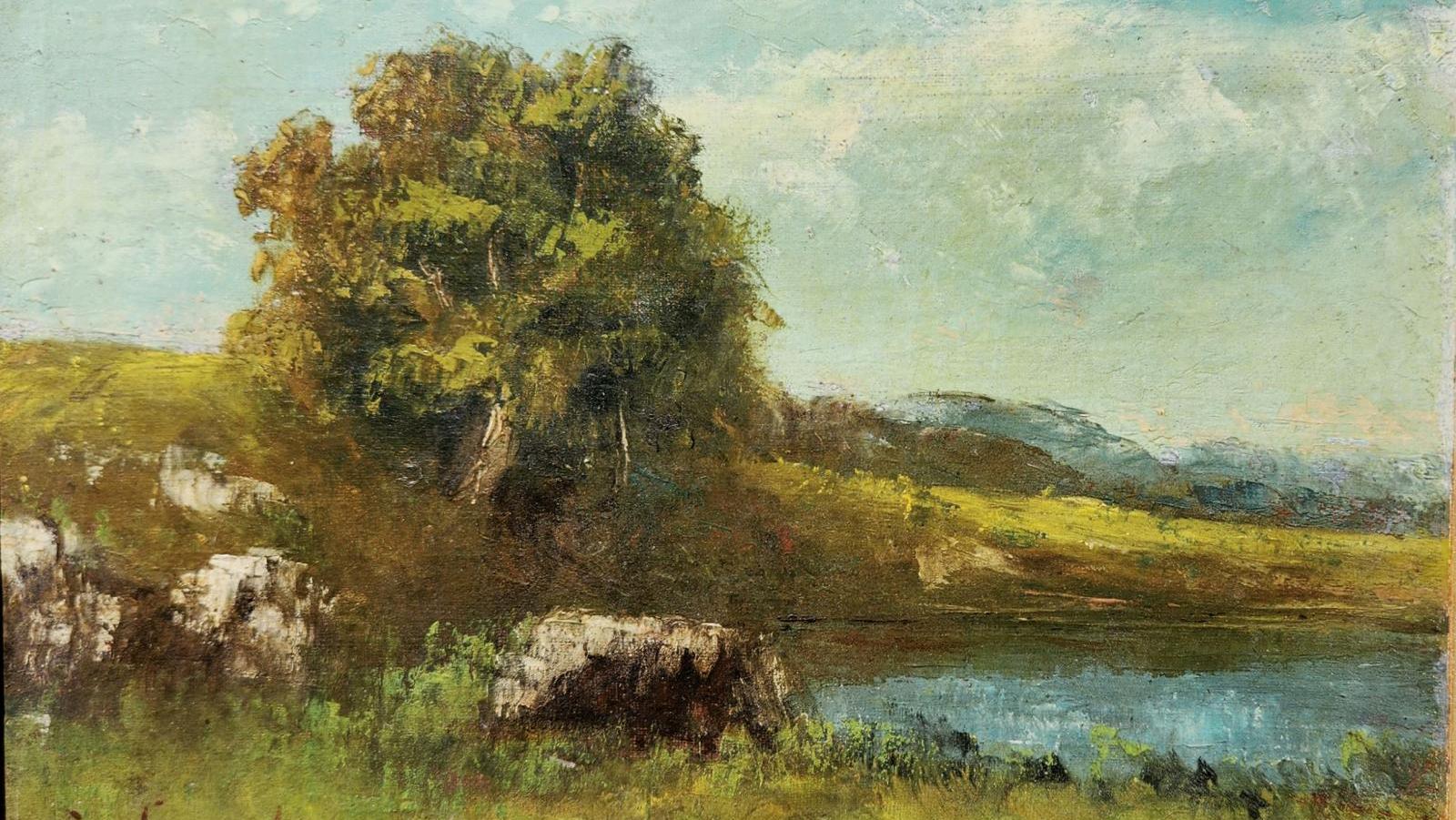 Gustave Courbet (1819-1877), Rochers et arbres près d’un lac, vers 1875-1876, huile... Gustave Courbet en exil en Suisse 