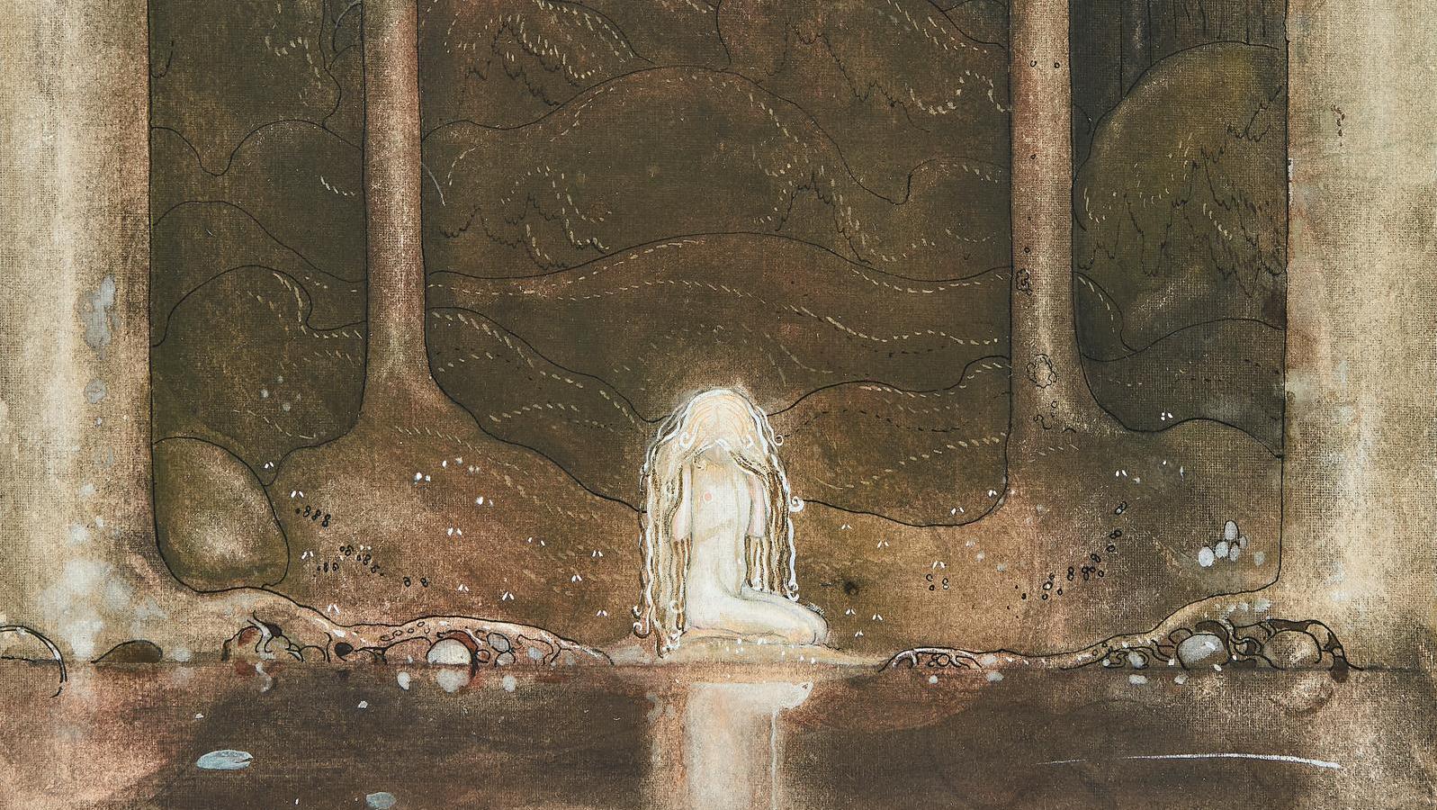 John Bauer (1882-1918), Calme, la princesse Linaigrette est assise et fixe l’eau,... Folklore suédois par John Bauer