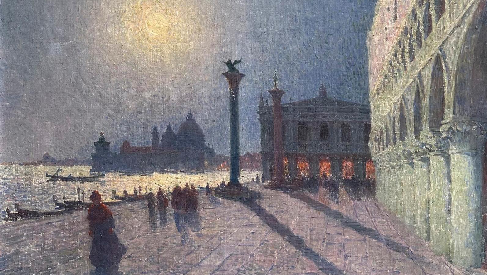 Ferdinand Loyen du Puigaudeau (1864-1930) Venise, la Piazzetta, huile sur toile signée,... Du Puigaudeau au cœur de la cité des Doges