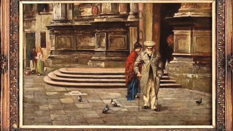 Giacomo Favretto (1849-1887), La Sortie de l’église, toile signée, 39 x 59 cm. Estimation :... Vie quotidienne à Venise au XIXe siècle 