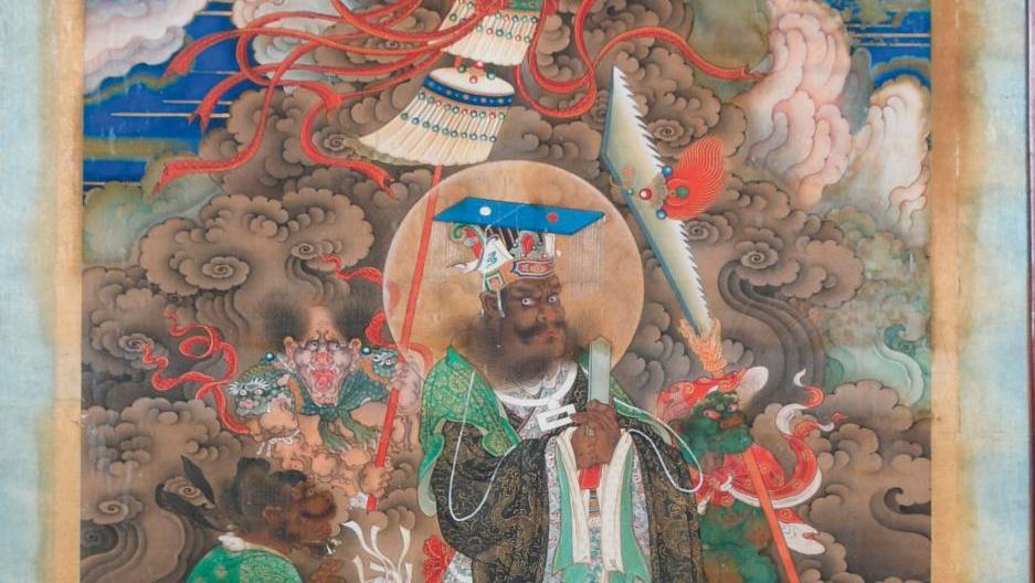 Chine, XVIIIe siècle. Peinture à l’encre polychrome sur soie représentant le roi... Une commande princière de la Chine du XVIIIe siècle