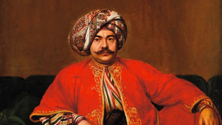 École française vers 1830-1840. Portrait d’homme en habit ottoman, huile sur toile,... Portrait d’homme en habit ottoman