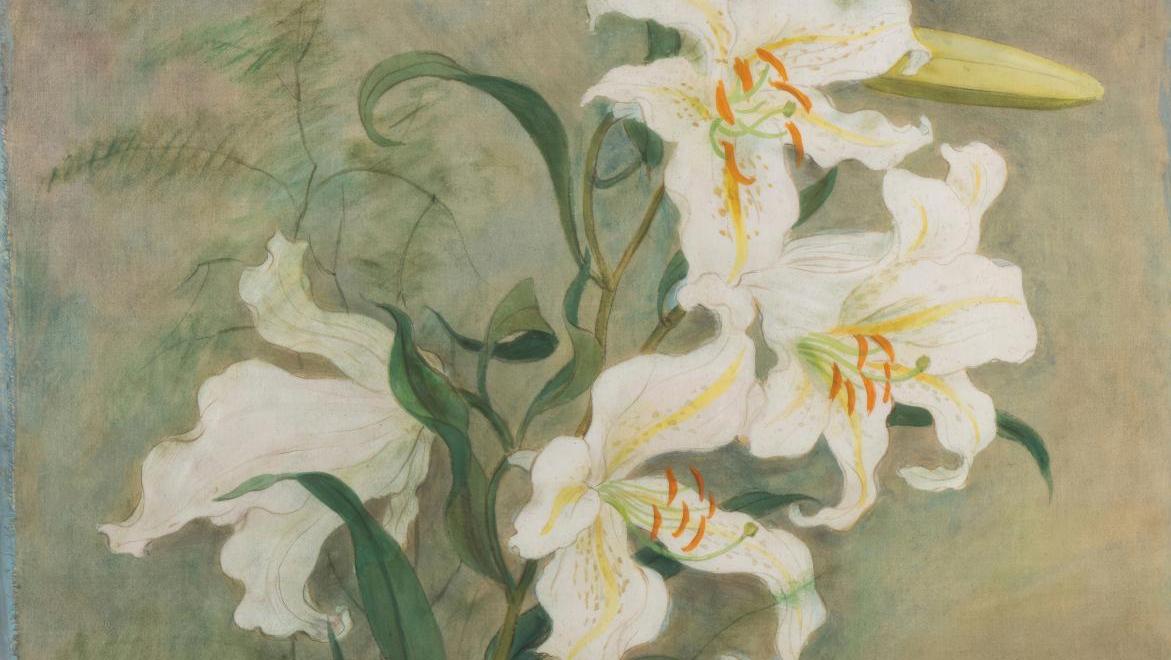 Mai Trung Thu, dit Mai-Thu (1906-1980), Lilium, 1956, encre et couleurs sur soie,... La poésie florale de Mai-Thu