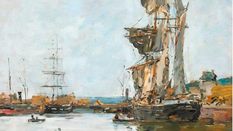 Eugène Boudin (1824-1898), Le Trois-Mâts dans le port de Deauville, 1891, huile sur... Un fier trois-mâts  signé Boudin