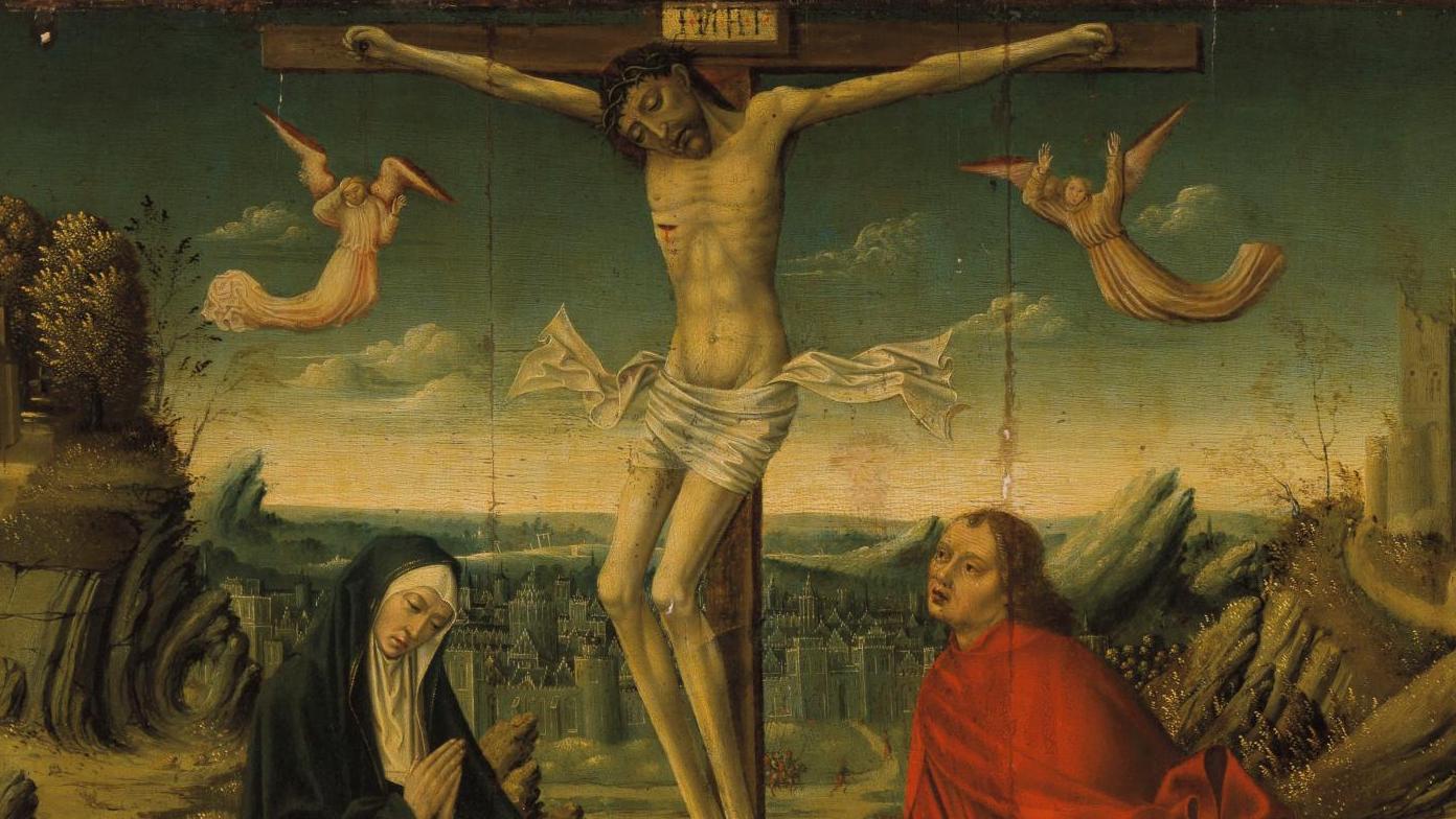 Atelier d’Adriaen Ysenbrandt (vers 1480-1551), Le Christ au Golgotha entouré de deux... Collection Lécoules : une Crucifixion en embuscade
