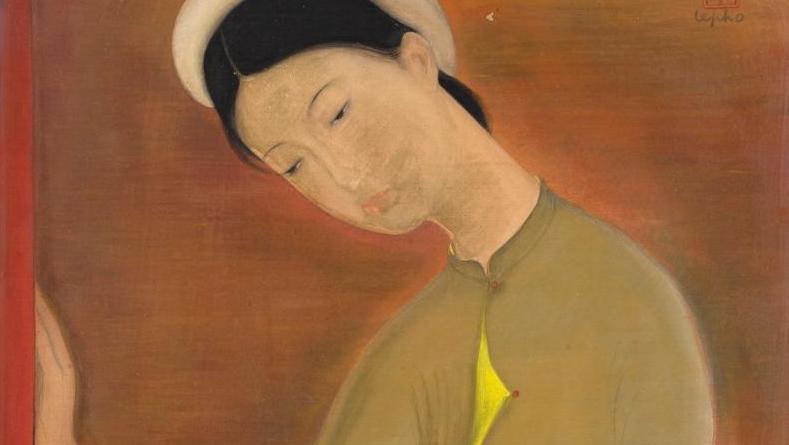 Lé Phô (1907-2011), Sur la terrasse, vers 1940, encre et couleurs sur soie, 57 x 38,1 cm.... En terrasse avec Lé Phô