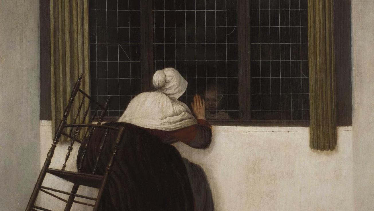 Jacobus Vrel (1617-1662), Femme saluant un enfant à la fenêtre, huile sur panneau,... Découverte : Jacobus Vrel à la Fondation Custodia