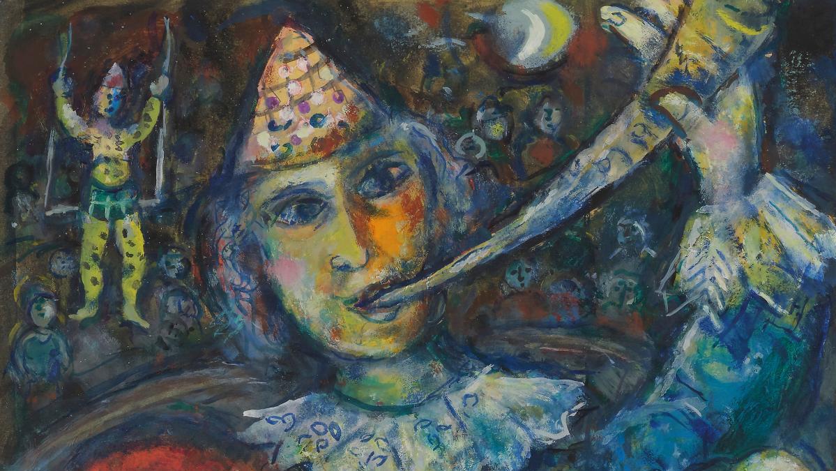 Marc Chagall (1887-1985), Au cirque,  (ou Clown à la trompette), huile et gouache... Au cirque avec Marc Chagall