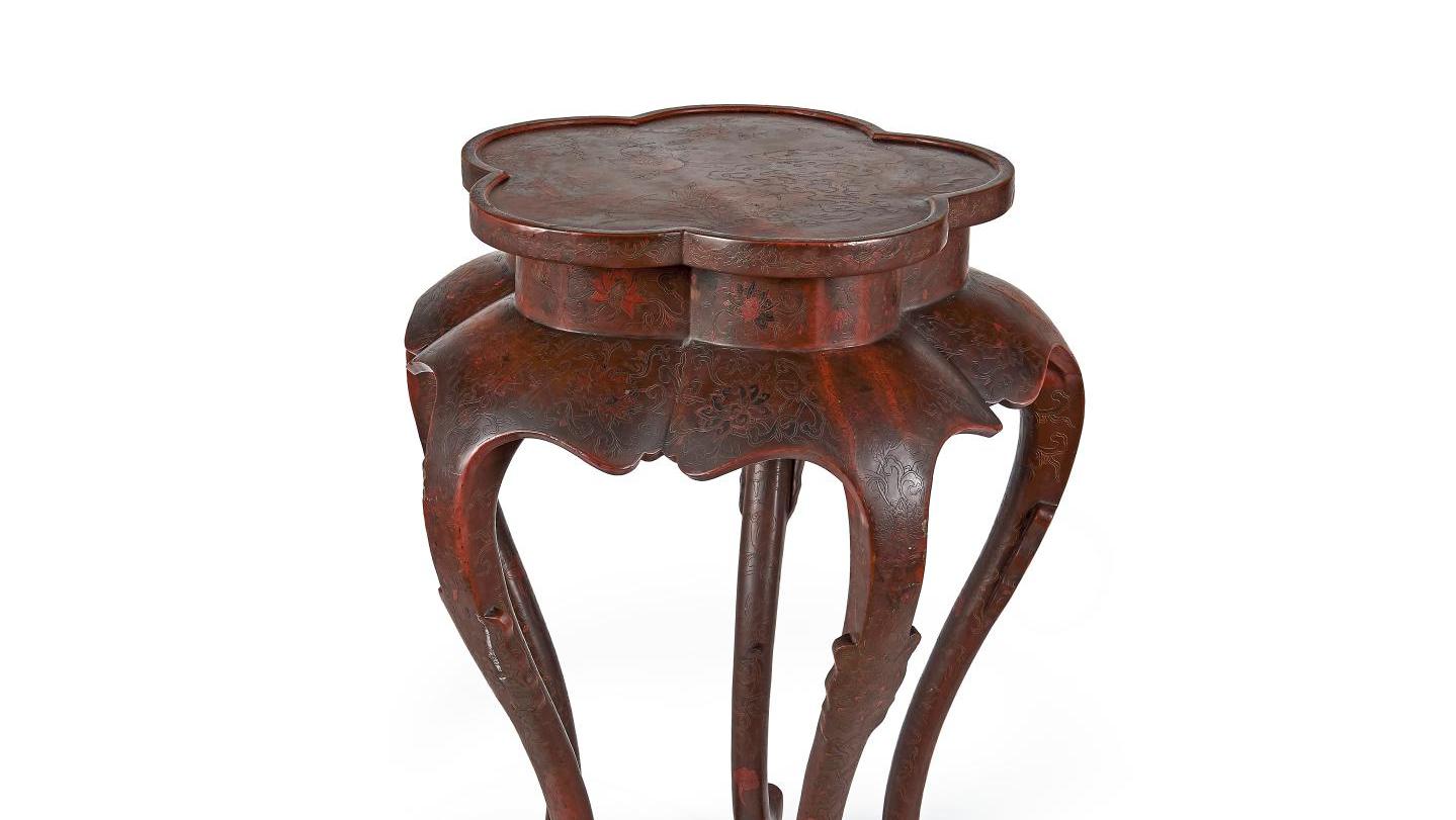 China, late 19th/early 20th century, red and black lacquered wooden stand with incised... Asian Treasures From a Diplomat