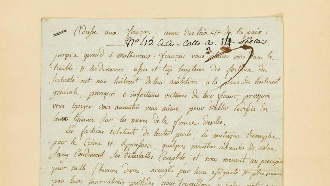 Charlotte Corday (1768-1793), manuscrit autographe intitulé «Adresse aux français... La lettre aux Français de Charlotte Corday